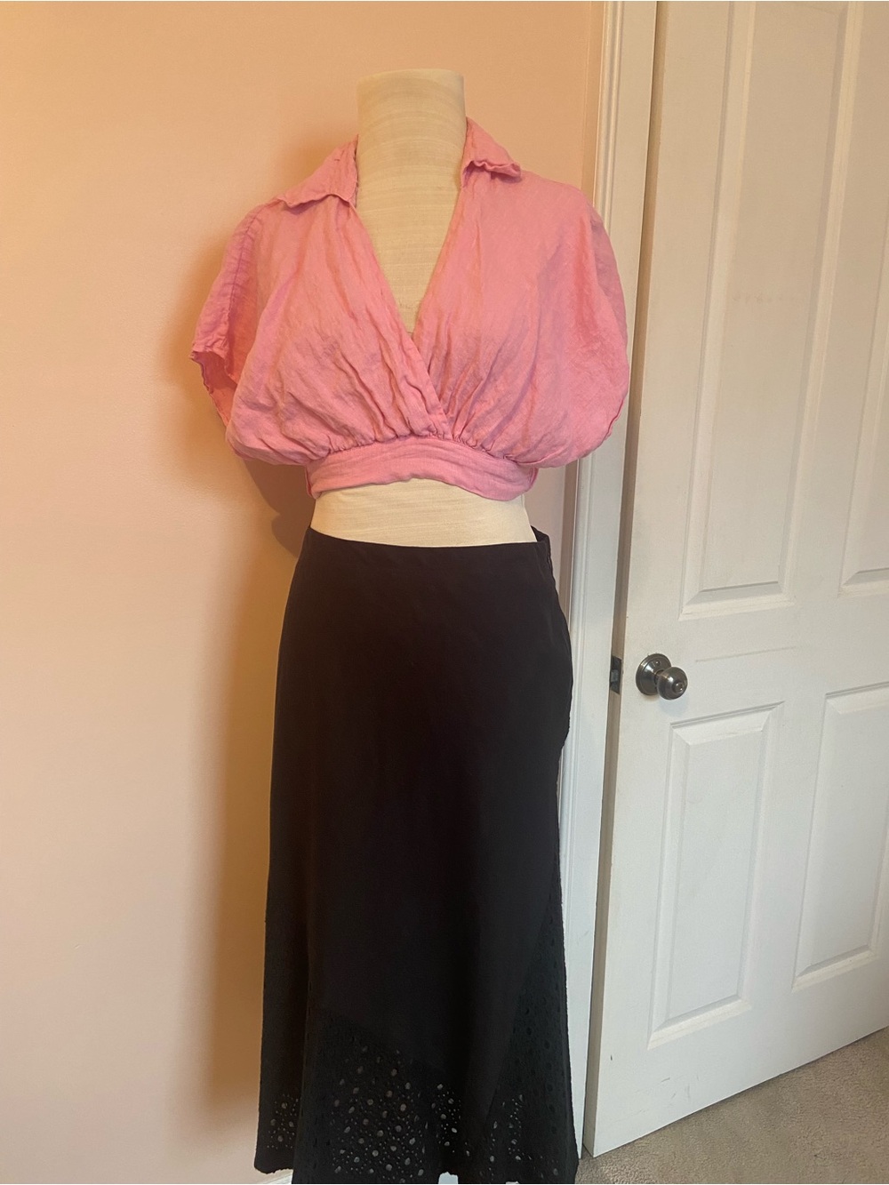 Black Linen Midi Skirt with Crochet Detail 8